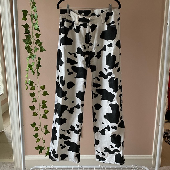 SHEIN Pants - Shein black & white cow print denim straight leg pants